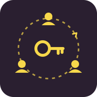 Floating license icon: a key orbited by three users